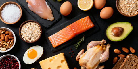 Healthy protein foods top view flat lay with salmon, chicken, egg, avocado, nuts, and cheese