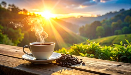 A serene landscape with a steaming cup of coffee on a wooden table (1)