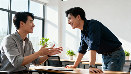 Two Asian coworkers having casual conversation in bright modern office with plants