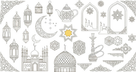 Islamic ornamental line art collection with mosque, lanterns, crescent moon and arabesque geometric decorations in vintage vector style © MdRazaul
