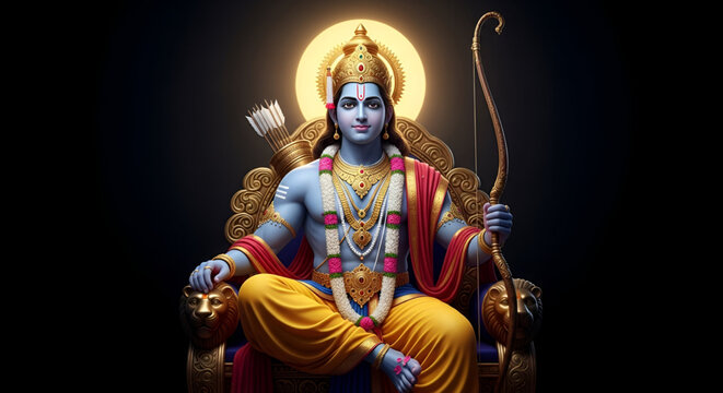 Ram Navami lord ram divine hindu festival illustration with spiritual devotion royal throne blessing pose sacred aura for religious celebration design