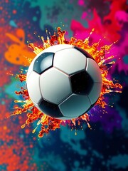 Dynamic soccer ball explodes with energy on a vibrant, abstract background, symbolizing passion and movement,  action,  dynamic