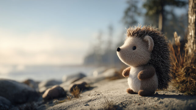 Cute teddy hedgehog plush toy sitting on rocks by the lake at sunset  