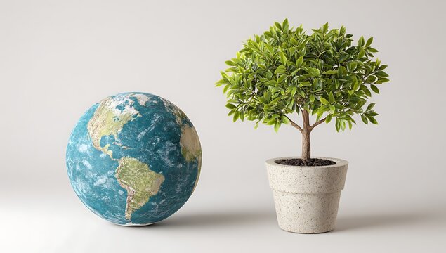 White Background Featuring A Green Tree Growing In A Globe Shaped Pot Beside An Earth Globe Promoting Environmental Awareness - Powered by Adobe