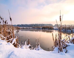 A serene winter landscape featuring a calm body of water surrounded by snow-covered vegetation