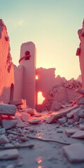 Sun-kissed fragments dissolve into a pastel haze, a low perspective of gentle ruin ,  artistic,  abstract