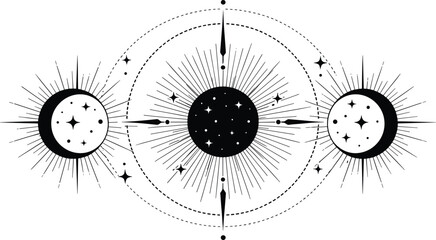 Celestial moon phases illustration with radiant suns, starbursts, dotted orbits, cosmic symbols, and mystical astronomical line art design