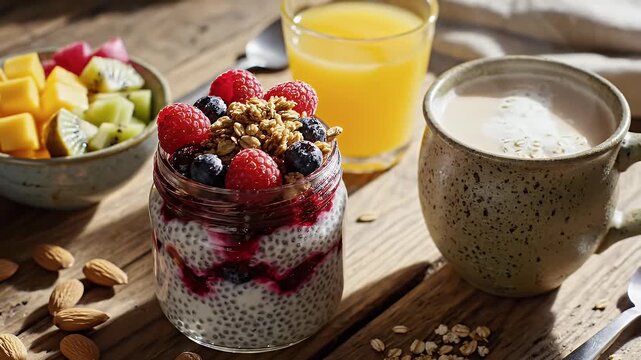 Breakfast scene with fresh fruits granola and beverages
