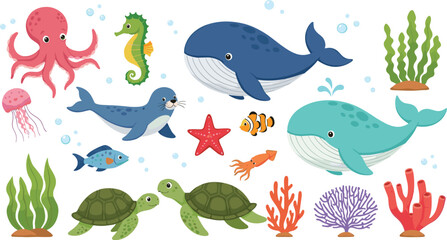 Naklejka premium Cute ocean animal illustration set featuring whales, turtles, octopus, fish, coral, seaweed and underwater elements