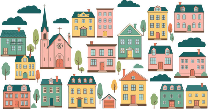 Colorful small town buildings and houses illustration set featuring church, apartments, trees, and neighborhood architecture