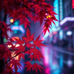 Crimson maple fractal melts into electric twilight, bokeh rain whispers through neon veins,  future,  twilight