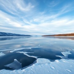 Frozen lake reflecting a crisp, blue winter sky, vast and still ,  peaceful,  sky