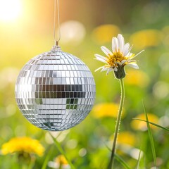 A shiny disco ball hangs near a daisy in a sunny field