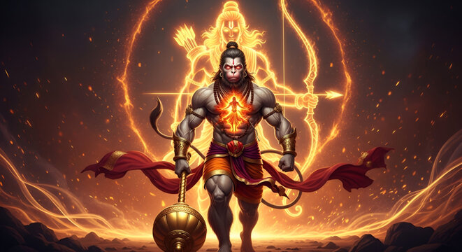 Hanuman jayanti powerful hindu deity illustration with ram divine presence showing strength devotion and faith for ram navami religious banner poster background
