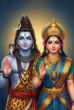 Traditional depiction of mahadev lord shiva and goddess parvati in colorful attire for maha shivaratri festival representing the supreme power of the hindu divine couple