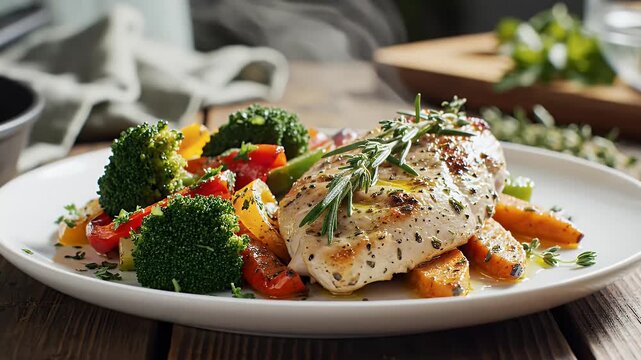 Close up of a plate of cooked chicken breast with assorted vegetables on wooden table
