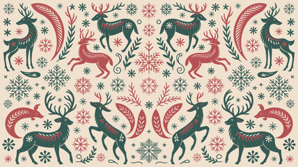Obraz premium Festive winter pattern with reindeer and snowflakes, folk art style, seamless background