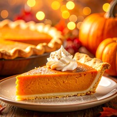 A slice of pumpkin pie topped with whipped cream on a plate