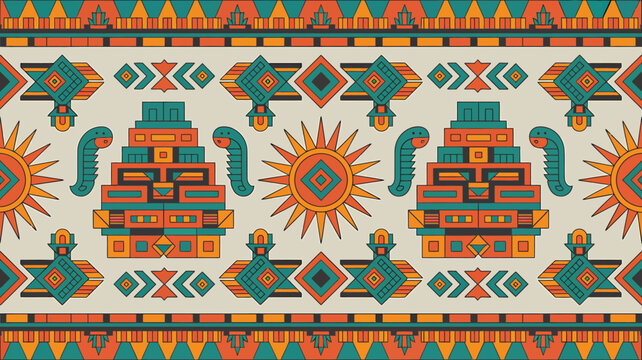 Geometric aztec or maya inspired pattern with pyramids sun signs and serpent motifs
