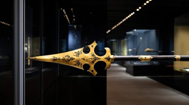 glaive. A ceremonial gilded glaive with carved shaft displayed in a museum. event programs, museum guides, designed for cultural heritage projects and event programs, preserves heritage.