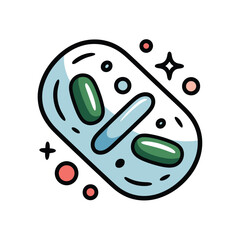 A cartoon illustration of a capsule with green pills inside