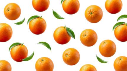 abundant selection of fresh oranges with green leaves scattered on a transparent background, featuring whole fruits and slices, perfect for healthy eating and citrus-themed content.