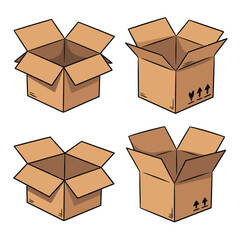 Four open cardboard boxes with fragile symbols
