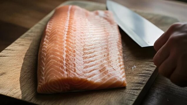 Fresh Salmon Fillet on Wooden Board with Knife, Culinary Preparation Video