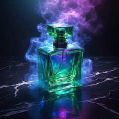 Glass perfume bottle on marble with colorful smoke swirls. Suitable for luxury fragrance product branding and creative marketing campaigns.