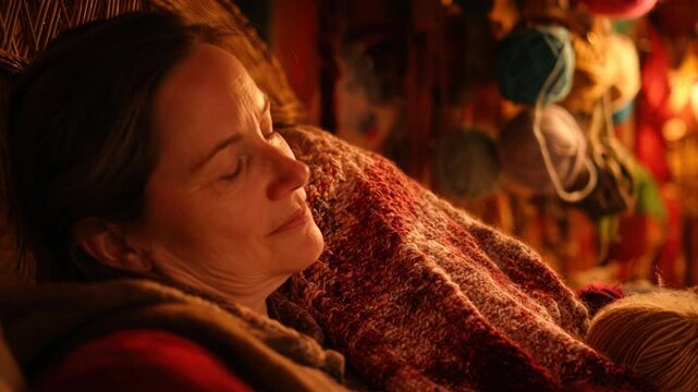 A woman rests in a wicker chair, wrapped in a blanket, with yarn and warm lighting
