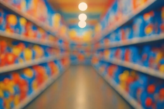 1920x1080 vibrant view down a toy store aisle. Toys blur into joyful dots and swirls of primary red, blue, and yellow bokeh. Overhead lights create bright, diffuse color wash. Symmetrical composition.