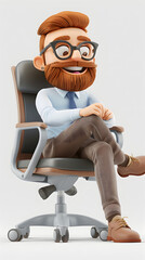3d Cartoon Character A bearded man sitting on an office chair