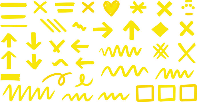 Yellow hand drawn marker symbols and arrows collection with doodle shapes, highlights and graphic annotation elements in vector style