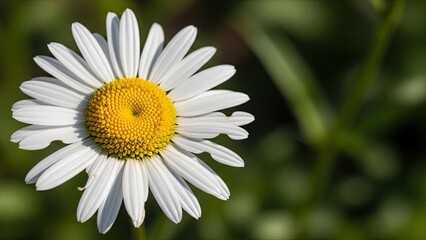 A vibrant white daisy flower with delicate petals and a yellow center blossoms in a lush summer garden, captured in a macro close-up showcasing the natural beauty of this spring flora