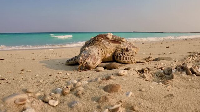 Plastic pollution weakened a hawksbill sea turtle which resulted in barnacles attaching themselves to its shell in the Persian Gulf unit it died on the beach - sloe motion at sunrise