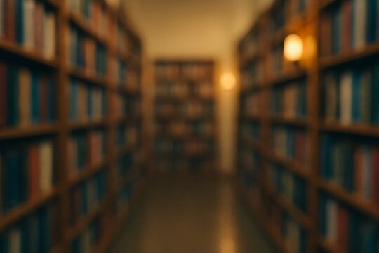1920x1080 softly blurred view down a bookstore aisle. Book spines blur into vertical stripes of deep burgundy, navy, and forest green bokeh. Warm ambient lighting from wall sconces creates a cozy.