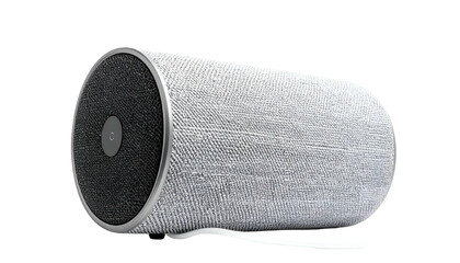 Cylindrical speaker, light gray fabric, dark gray speaker grill, silver trim and base