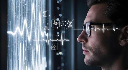 Advanced medical technology displaying real-time patient vital signs and health data on a futuristic digital interface