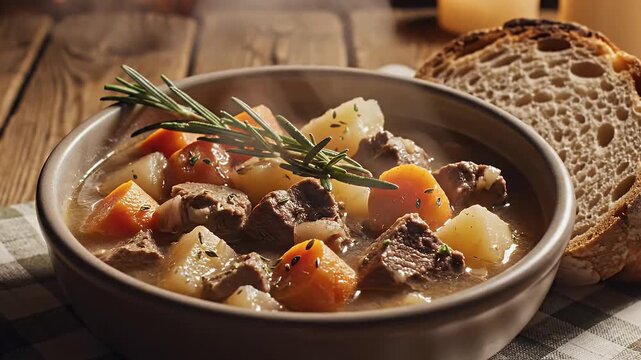 Hearty stew with bread and rosemary on wooden tabletop