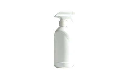White plastic spray bottle, viewed in profile against a black background