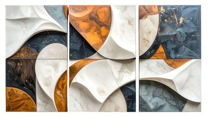 Abstract, geometric wall art composed of six tile pieces in a variety of colors and textures