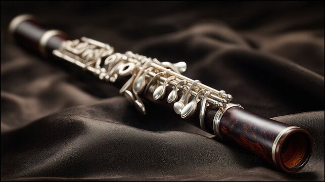 oboe. An elegant oboe with silver keys resting on dark velvet fabric. event programs, museum guides, designed for cultural heritage projects and event programs, supports education.