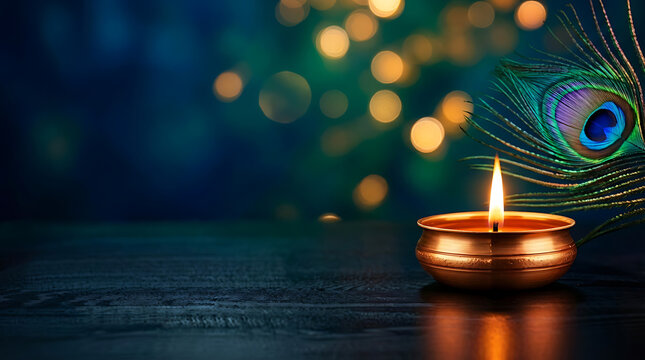 Golden brass oil lamp diya with a single peacock feather representing lord murugan for thaipusam festival spiritual prayer decoration and religious celebration background with bokeh