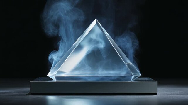 A clear, geometric pyramid sits atop a rectangular base, swirling blue smoke encircles the shape against a dark backdrop