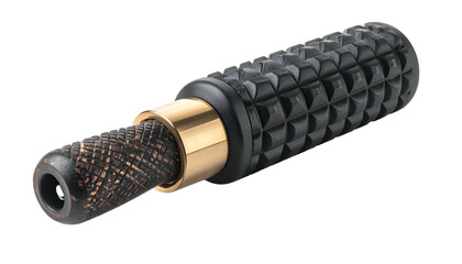 A detailed close-up of a dark-colored, textured audio connector on a black background