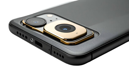 Close-up of a smartphone's camera array, featuring lenses and audio ports