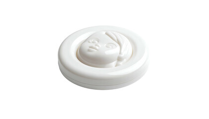 White circular compact featuring a raised relief of a child's face against a black backdrop