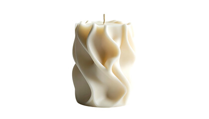 An off-white, intricately sculpted candle with a twisted, organic design