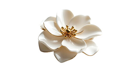 A lustrous, three-dimensional, porcelain-like flower with golden accents, isolated on black