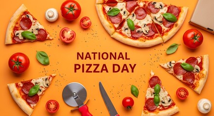 National pizza day celebration with various pizzas slices tomatoes and ingredients on a colorful table